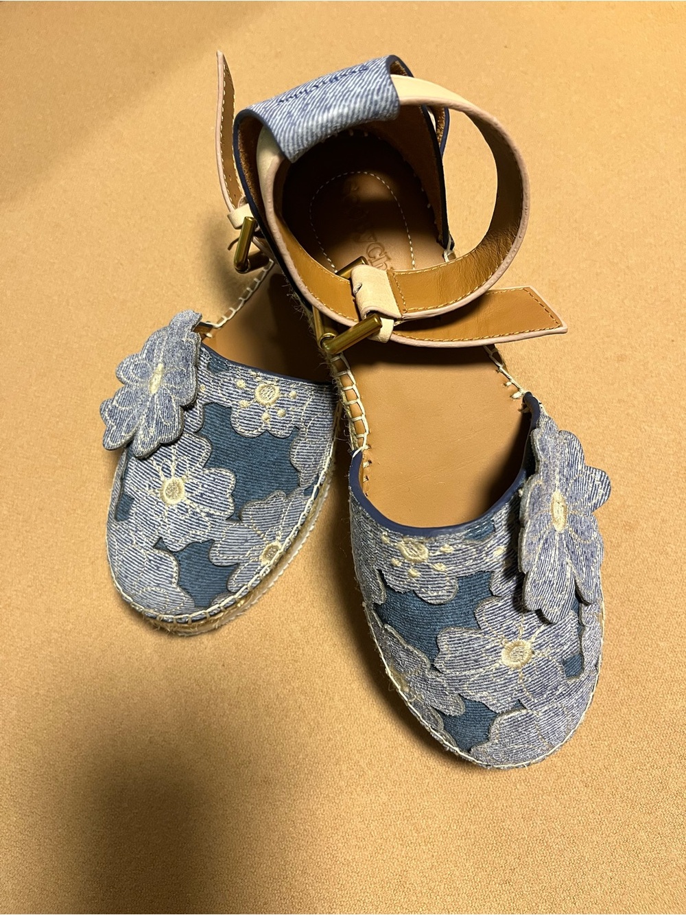 See by Chloe Denim Floral  Platform Espadrilles with Ankle-Straps